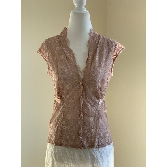 Vtg Y2K Only Hearts Button Lace Blouse Top M Coquette Nymphet Whimsygoth - Picture 1 of 8